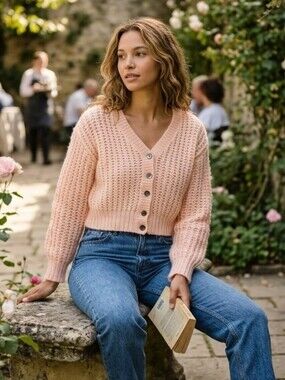 Simpatico Women's Vintage Cropped Pink Button-Front Knit Cardigan Size Medium